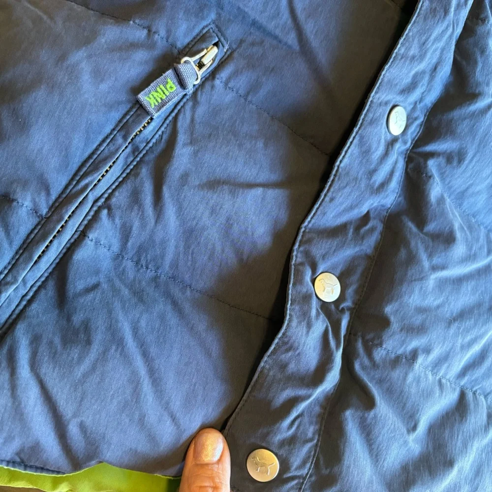 Y2K PINK VS Down Puffer Vest Quilted Reversible Blue Green Stripe Crest XS S VTG